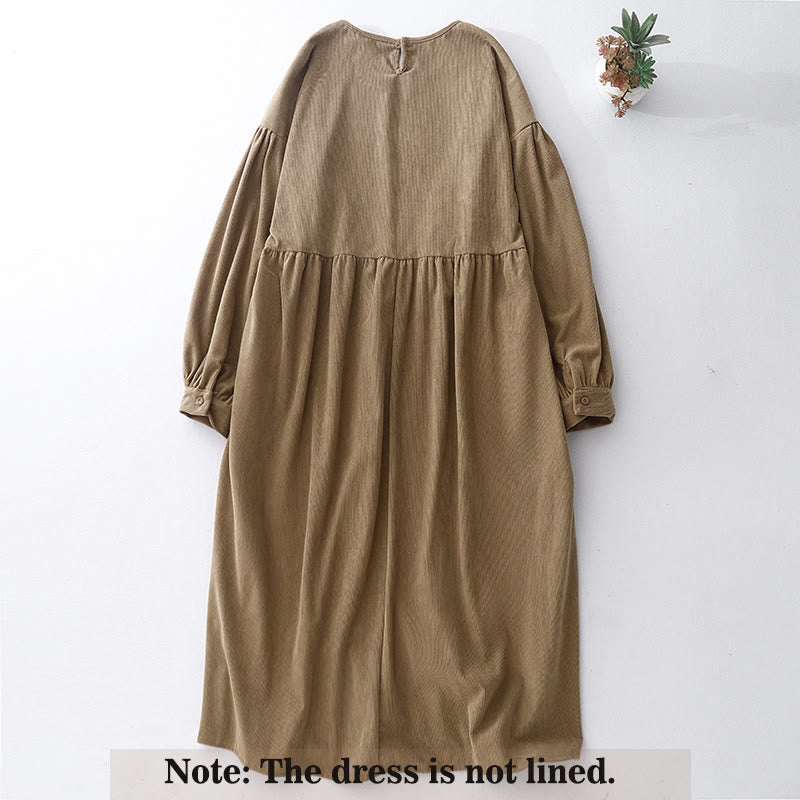 Vestido midi de pana color tostado liso con mangas abullonadas y estampado de Buddha Stones - image 1