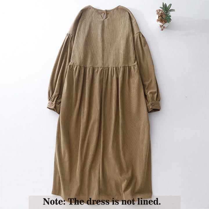 Vestido midi de pana color tostado liso con mangas abullonadas y estampado de Buddha Stones - image 1