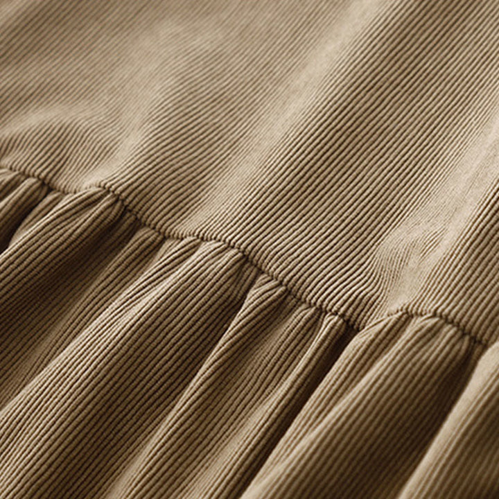 Vestido midi de pana color tostado liso con mangas abullonadas y estampado de Buddha Stones - image 5