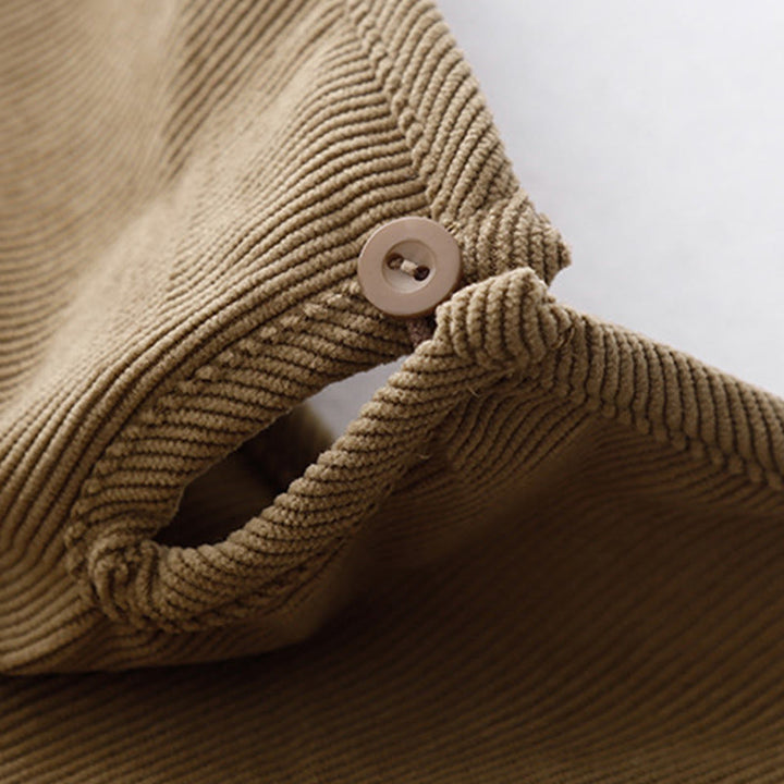 Vestido midi de pana color tostado liso con mangas abullonadas y estampado de Buddha Stones - image 4