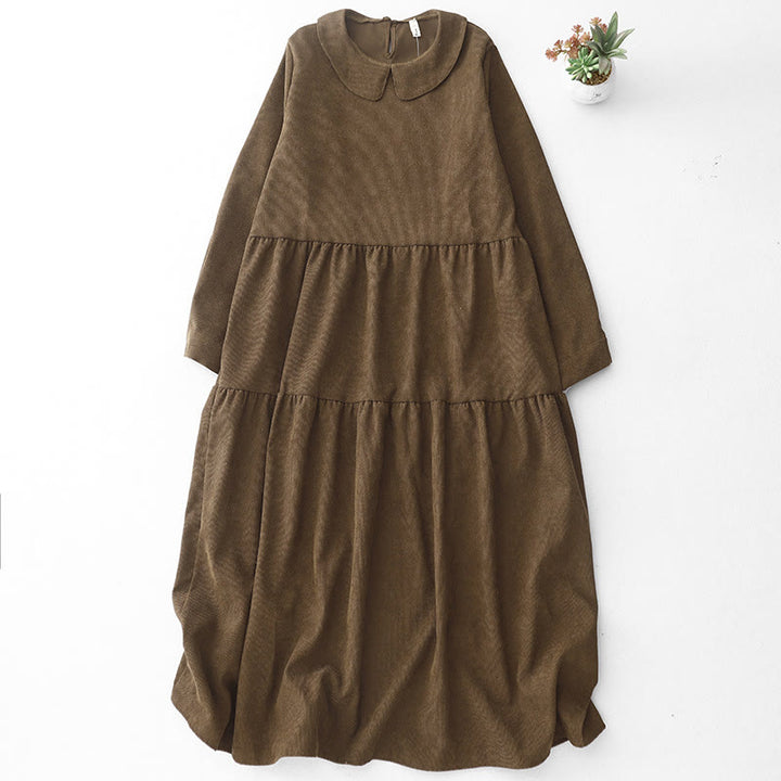 Vestido midi de pana con cuello Peter Pan, manga larga y bolsillos, con diseño de botones y Buddha Stones - SaddleBrown - US8-10，UK/AU12-14，EU40-42 (2XL) - image 0
