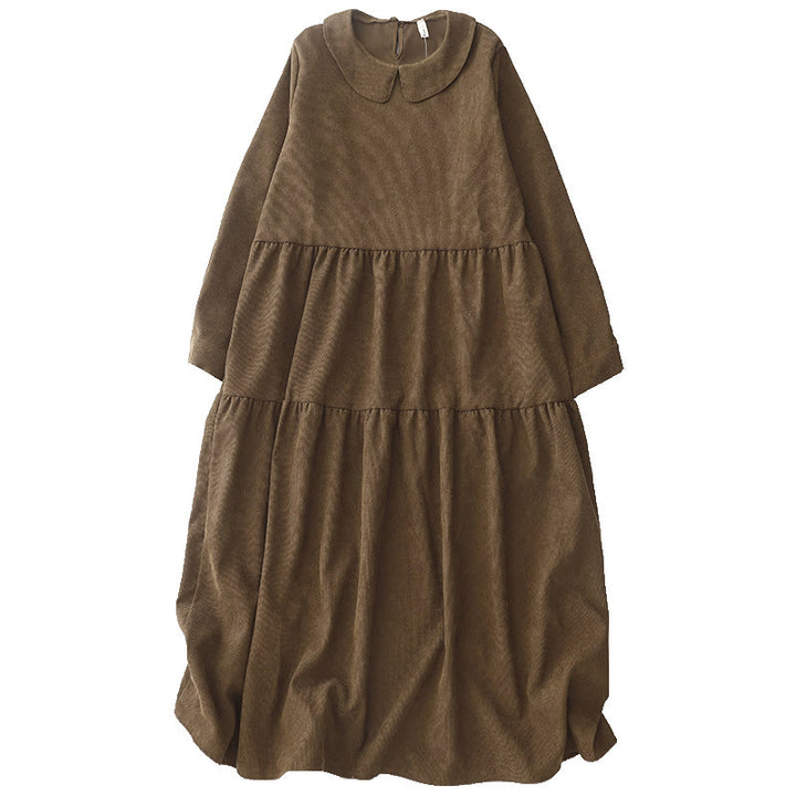 Vestido midi de pana con cuello Peter Pan, manga larga y bolsillos, con diseño de botones y Buddha Stones - image 12
