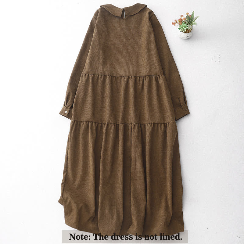 Vestido midi de pana con cuello Peter Pan, manga larga y bolsillos, con diseño de botones y Buddha Stones - image 1
