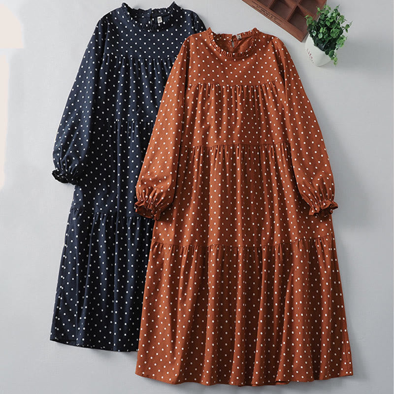 Vestido midi de lino y algodón con cuello redondo, manga larga, estampado de lunares y Buddha Stones, con bolsillos y volantes - image 17