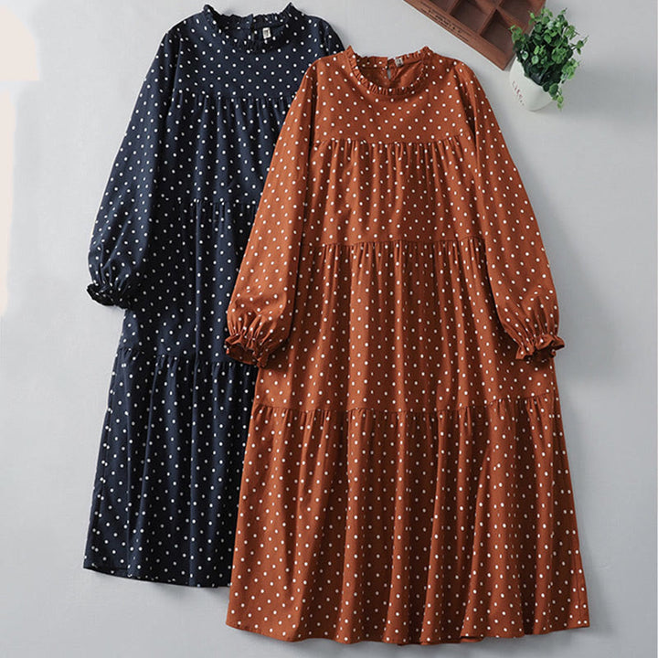 Vestido midi de lino y algodón con cuello redondo, manga larga, estampado de lunares y Buddha Stones, con bolsillos y volantes - image 17