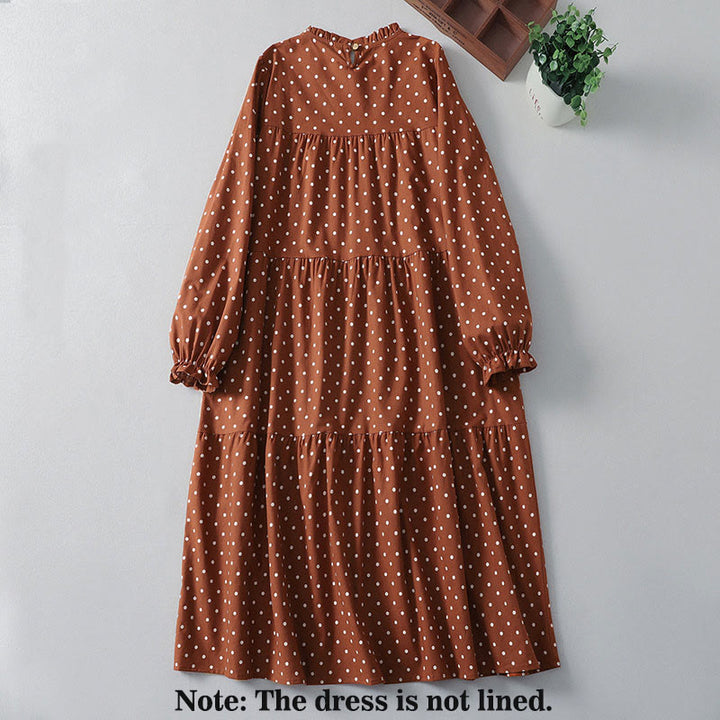 Vestido midi de lino y algodón con cuello redondo, manga larga, estampado de lunares y Buddha Stones, con bolsillos y volantes - image 1