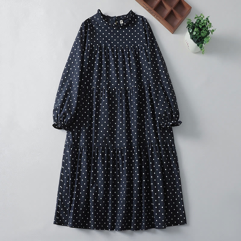 Vestido midi de lino y algodón con cuello redondo, manga larga, estampado de lunares y Buddha Stones, con bolsillos y volantes - Azul medianoche - US12, UK/AU16, EU44 (2XL) - image 10