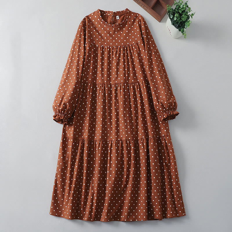 Vestido midi de lino y algodón con cuello redondo, manga larga, estampado de lunares y Buddha Stones, con bolsillos y volantes - Chocolate - US12, UK/AU16, EU44 (2XL) - image 1