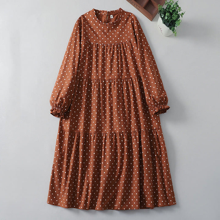 Vestido midi de lino y algodón con cuello redondo, manga larga, estampado de lunares y Buddha Stones, con bolsillos y volantes - Chocolate - US12, UK/AU16, EU44 (2XL) - image 0