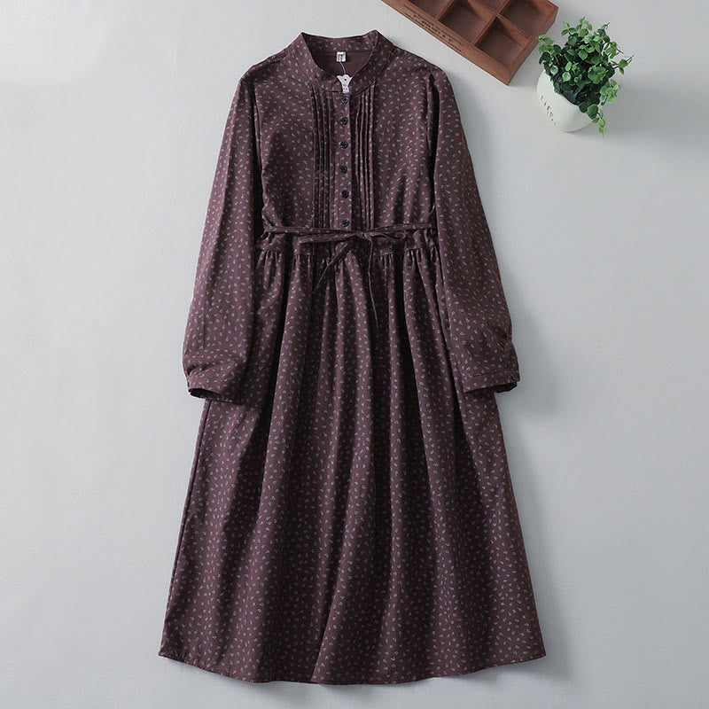 Vestido midi de lino y algodón con estampado floral de Buddha Stones, pliegues tipo acordeón, manga larga y bolsillos - Magenta oscuro - US8-10，UK/AU12-14，EU40-42 (2XL) - image 6