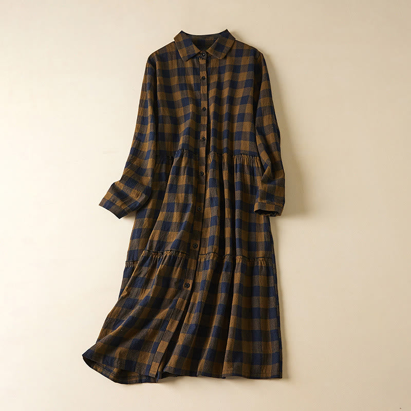 Vestido midi de lino y algodón con bolsillos, manga larga y diseño de botones a cuadros en contraste de Buddha Stones - Vara de oro oscura - US8-10，UK/AU12-14，EU40-42 (2XL) - image 0