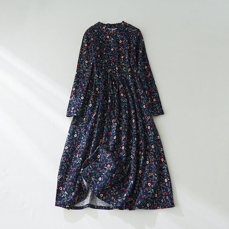 Vestido midi de lino y algodón con manga larga, estampado étnico, floral y con cordones, con Buddha Stones - Azul medianoche - US8-10，UK/AU12-14，EU40-42 (2XL) - image 1