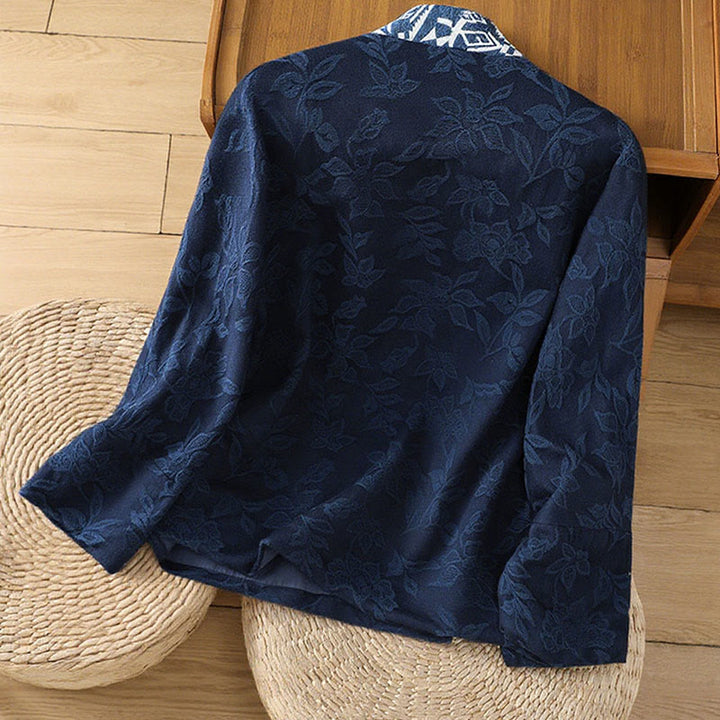 Camisa informal de manga larga de algodón y lino para mujer con botones de rana y jacquard Buddha Stones - image 5