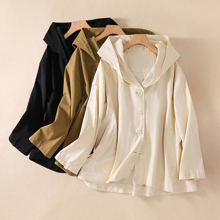 Chaqueta de algodón de manga larga con capucha y bolsillos para mujer, color liso, con estampado de Buddha Stones. - image 0