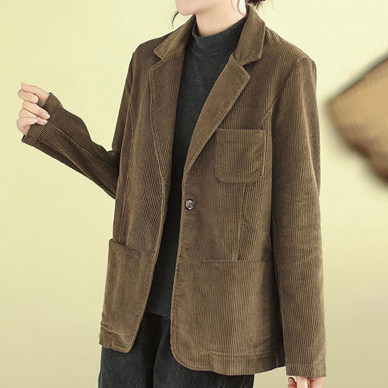 Chaqueta de pana retro de manga larga con bolsillos para mujer de Buddha Stones - image 3