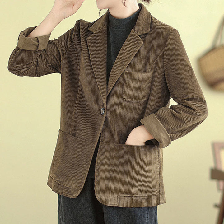 Chaqueta de pana retro de manga larga con bolsillos para mujer de Buddha Stones - image 1