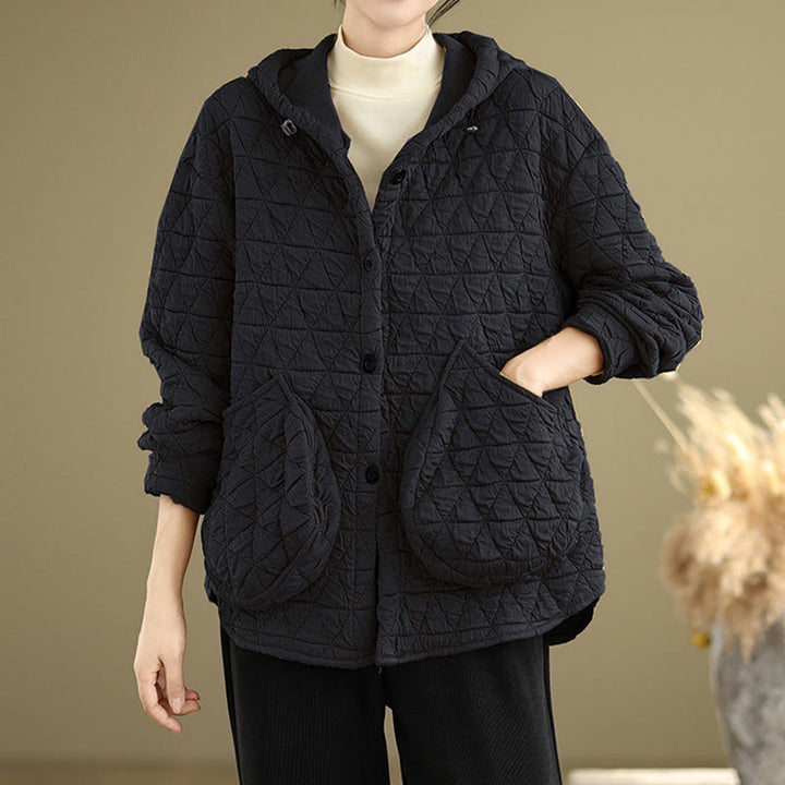 Chaqueta de manga larga con capucha acrílica para mujer con diseño rómbico retro de Buddha Stones - Negro - US14，UK/AU18，EU46 (2XL) - image 9