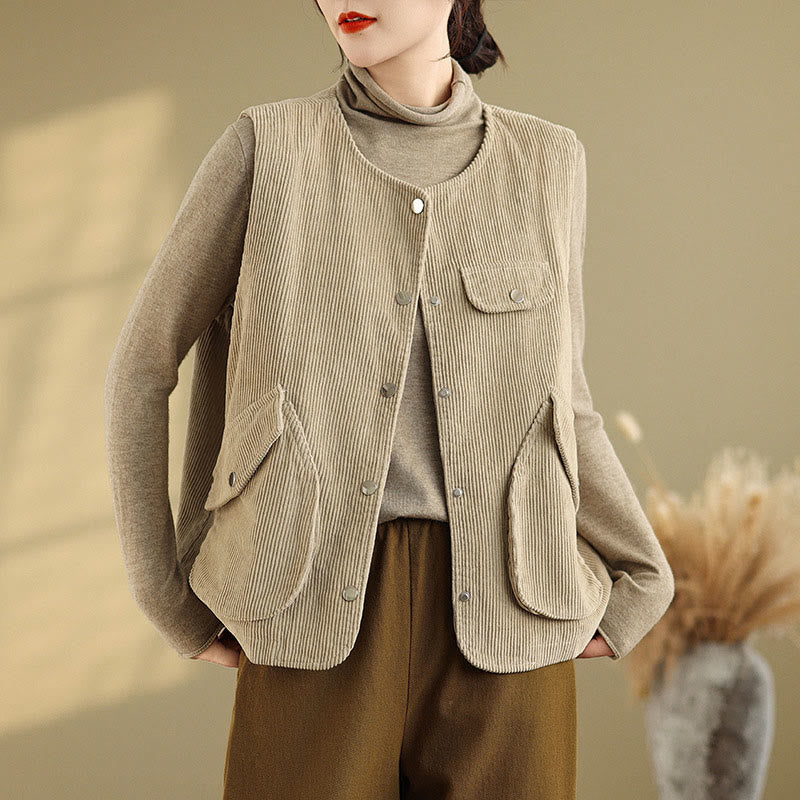 Chaleco de pana de algodón para mujer, sin mangas, con botones y bolsillos , de Buddha Stones - Trigo - US14，UK/AU18，EU46 (2XL) - image 0