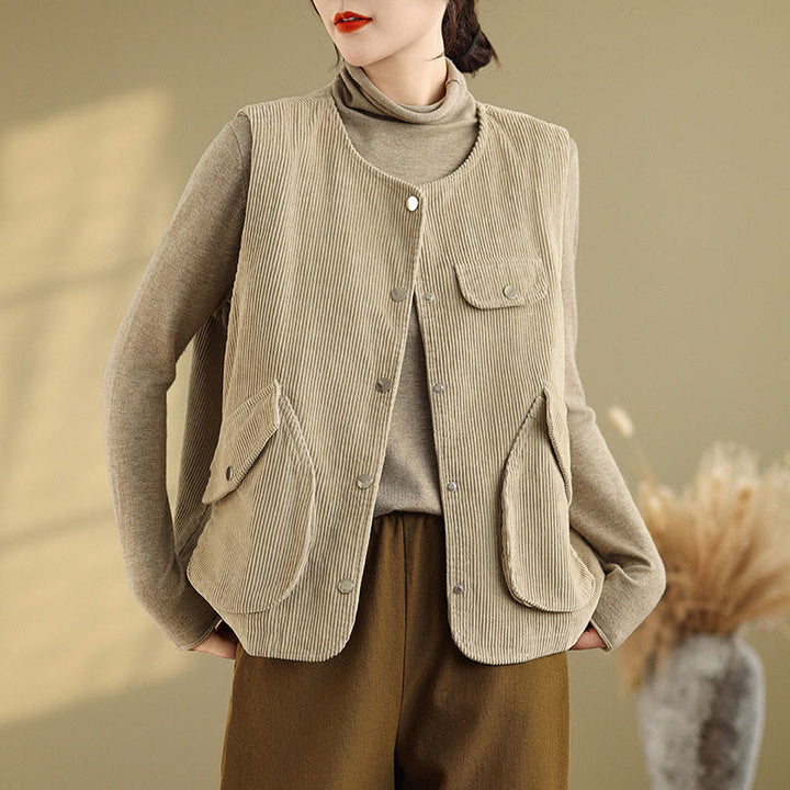 Chaleco de pana de algodón para mujer, sin mangas, con botones y bolsillos , de Buddha Stones - Trigo - US14，UK/AU18，EU46 (2XL) - image 0