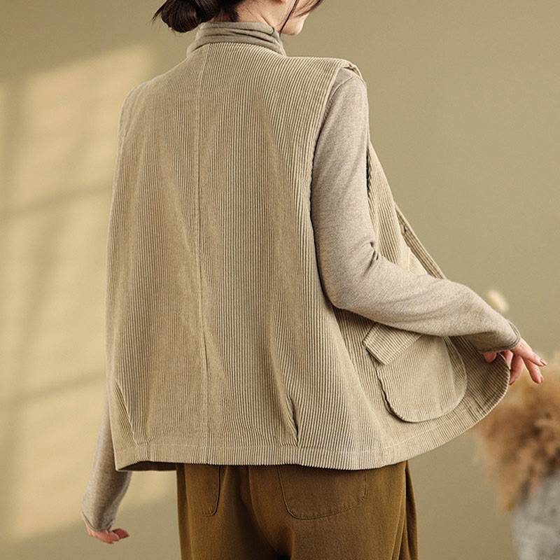 Chaleco de pana de algodón para mujer, sin mangas, con botones y bolsillos , de Buddha Stones - image 2