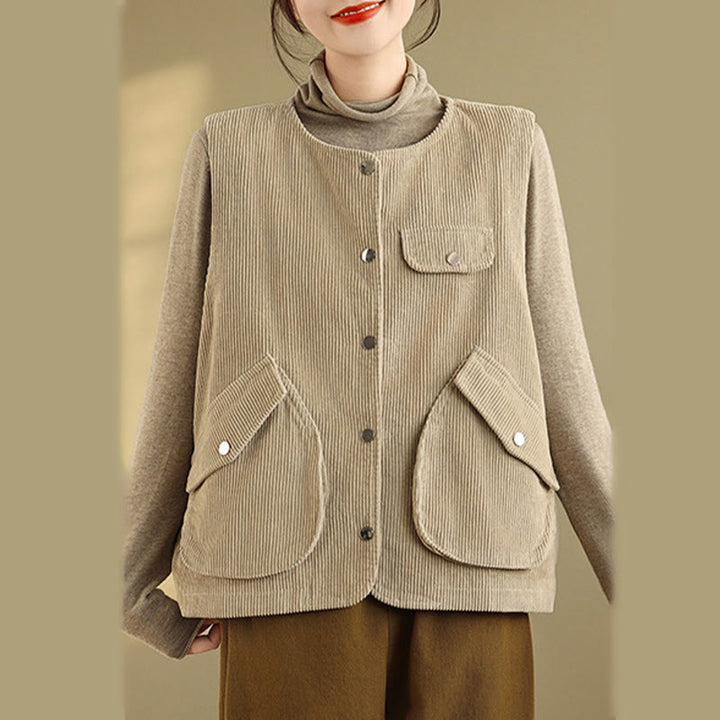 Chaleco de pana de algodón para mujer, sin mangas, con botones y bolsillos , de Buddha Stones - image 5