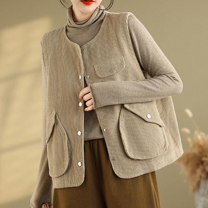 Chaleco de pana de algodón para mujer, sin mangas, con botones y bolsillos , de Buddha Stones - image 3