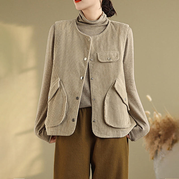 Chaleco de pana de algodón para mujer, sin mangas, con botones y bolsillos , de Buddha Stones - image 4