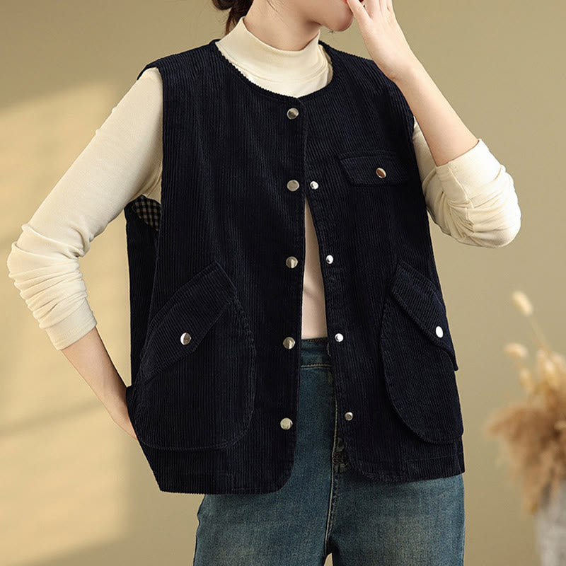 Chaleco de pana de algodón para mujer, sin mangas, con botones y bolsillos , de Buddha Stones - image 8