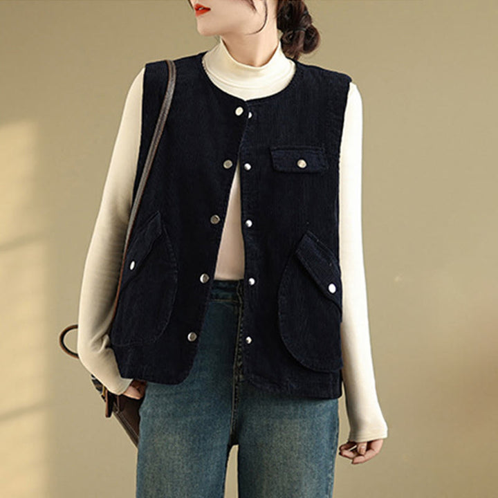 Chaleco de pana de algodón para mujer, sin mangas, con botones y bolsillos , de Buddha Stones - Negro - US14，UK/AU18，EU46 (2XL) - image 6