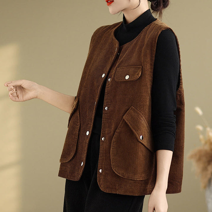 Chaleco de pana de algodón para mujer, sin mangas, con botones y bolsillos , de Buddha Stones - image 14