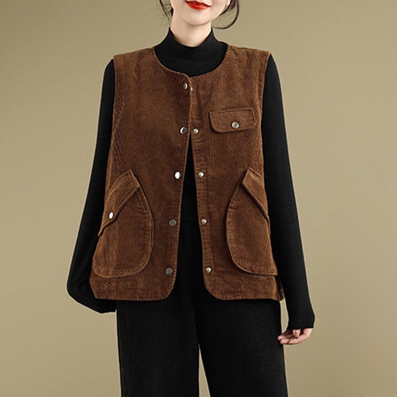 Chaleco de pana de algodón para mujer, sin mangas, con botones y bolsillos , de Buddha Stones - image 12