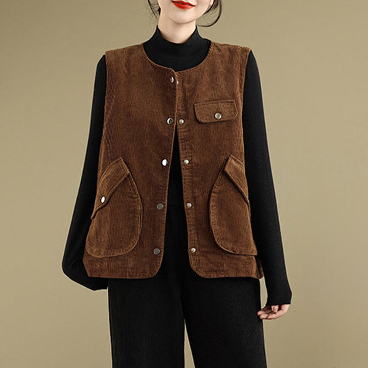 Chaleco de pana de algodón para mujer, sin mangas, con botones y bolsillos , de Buddha Stones - image 12