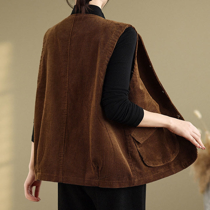 Chaleco de pana de algodón para mujer, sin mangas, con botones y bolsillos , de Buddha Stones - image 15