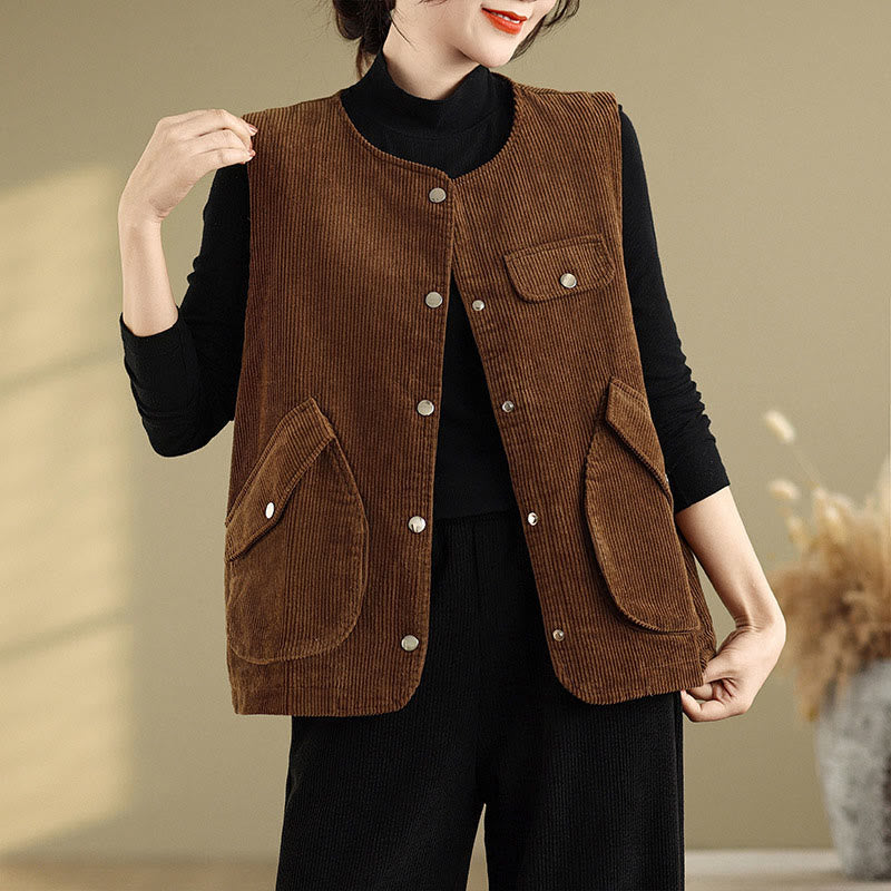 Chaleco de pana de algodón para mujer, sin mangas, con botones y bolsillos , de Buddha Stones - image 11