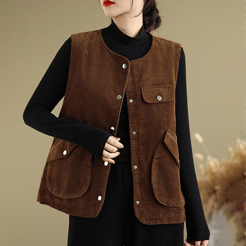 Chaleco de pana de algodón para mujer, sin mangas, con botones y bolsillos , de Buddha Stones - image 13