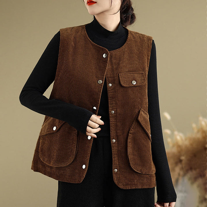 Chaleco de pana de algodón para mujer, sin mangas, con botones y bolsillos , de Buddha Stones - image 13