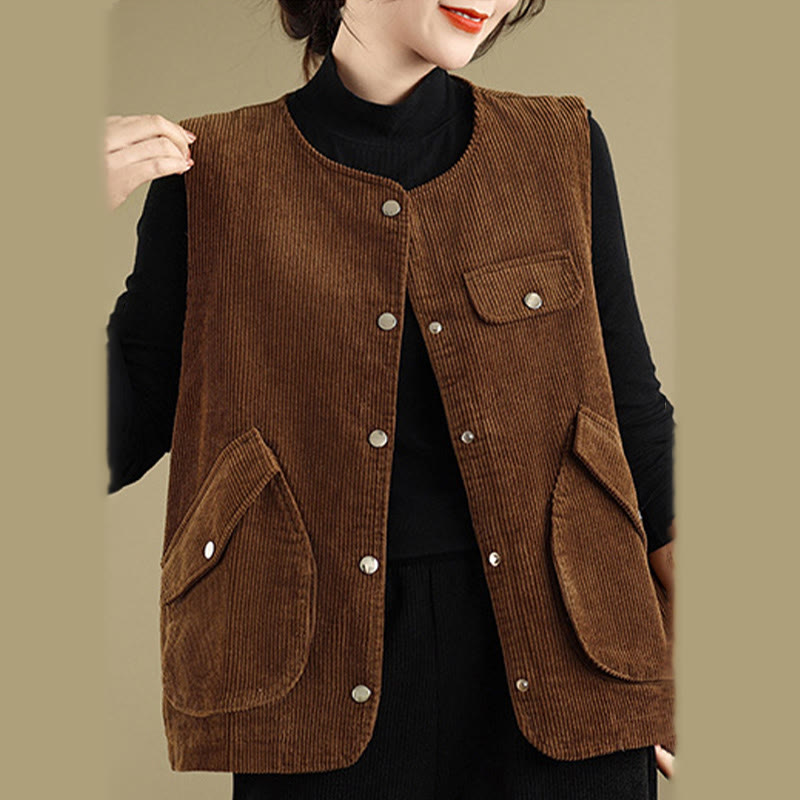 Chaleco de pana de algodón para mujer, sin mangas, con botones y bolsillos , de Buddha Stones - image 10