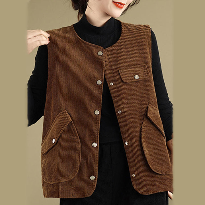 Chaleco de pana de algodón para mujer, sin mangas, con botones y bolsillos , de Buddha Stones - image 10