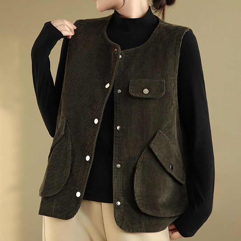 Chaleco de pana de algodón para mujer, sin mangas, con botones y bolsillos , de Buddha Stones - image 22