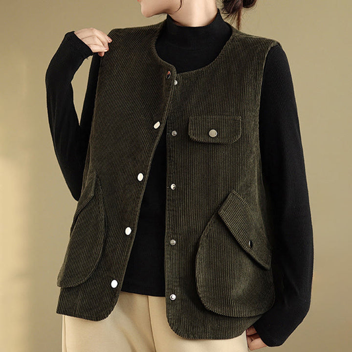 Chaleco de pana de algodón para mujer, sin mangas, con botones y bolsillos , de Buddha Stones - image 22