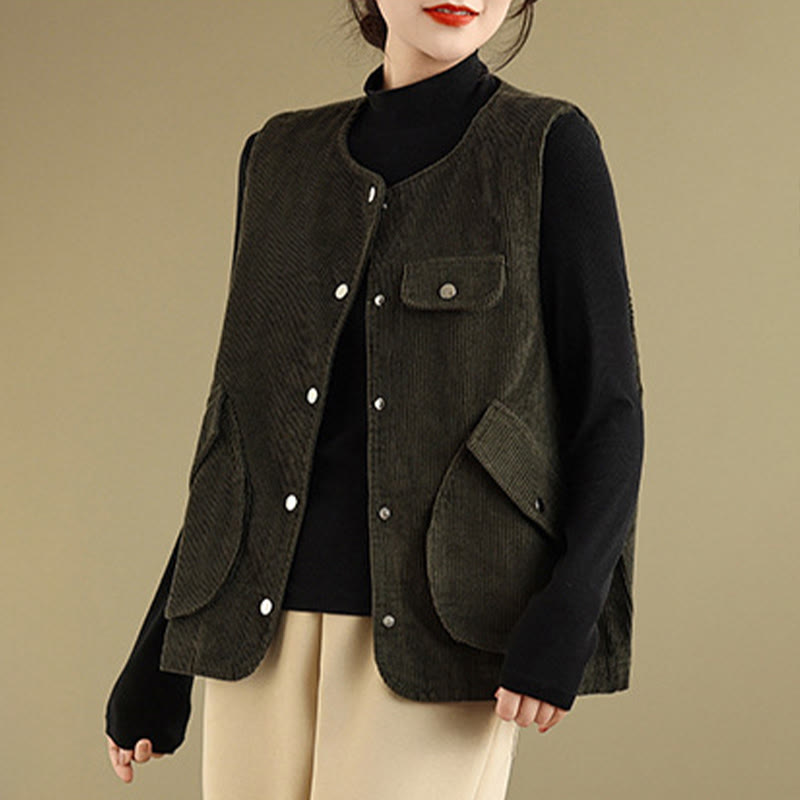 Chaleco de pana de algodón para mujer, sin mangas, con botones y bolsillos , de Buddha Stones - image 20