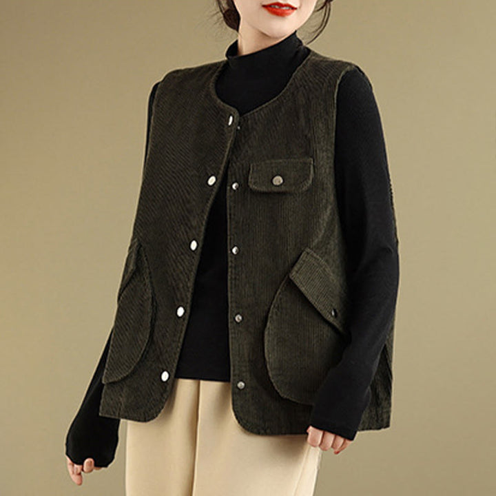 Chaleco de pana de algodón para mujer, sin mangas, con botones y bolsillos , de Buddha Stones - image 20