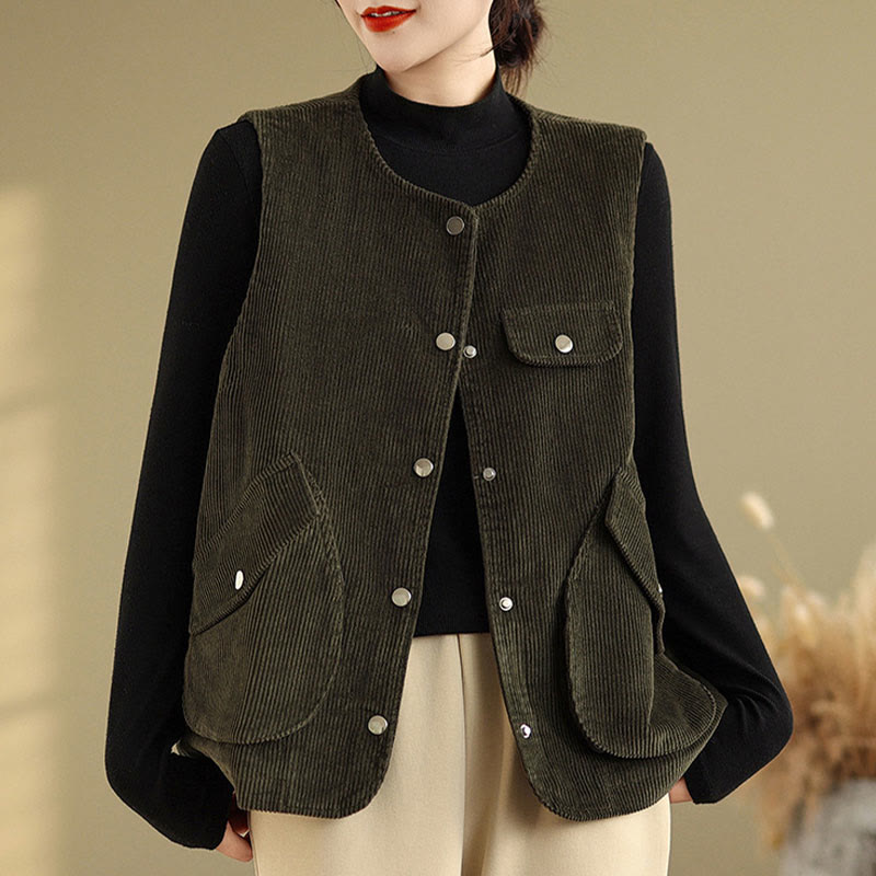 Chaleco de pana de algodón para mujer, sin mangas, con botones y bolsillos , de Buddha Stones - Verde oliva oscuro - US14，UK/AU18，EU46 (2XL) - image 19