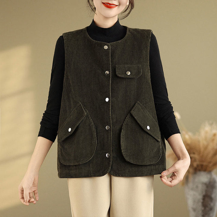 Chaleco de pana de algodón para mujer, sin mangas, con botones y bolsillos , de Buddha Stones - image 21