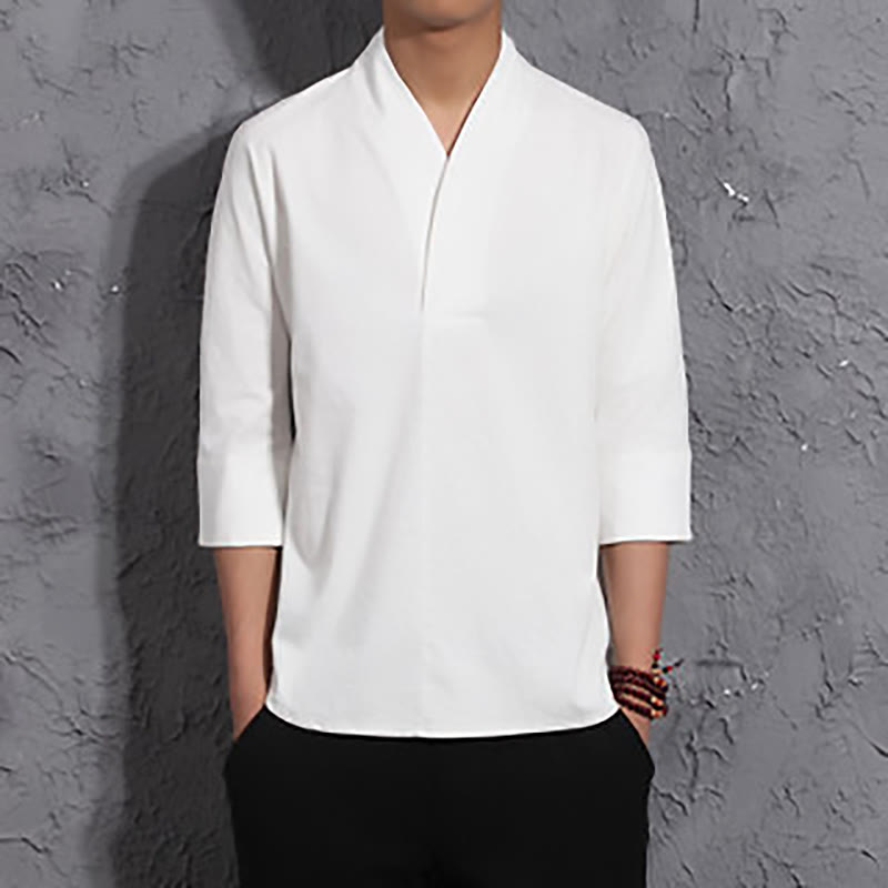 Camisa casual de manga tres cuartos con cuello en V y Buddha Stones para hombre - Blanco - US/UK/AU44, UE 54 (5XL) - image 1