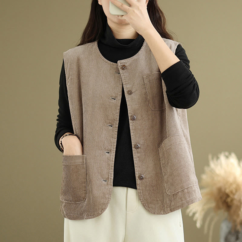 Chaleco de algodón sin mangas con botones de pana y bolsillos para mujer de Buddha Stones - image 2