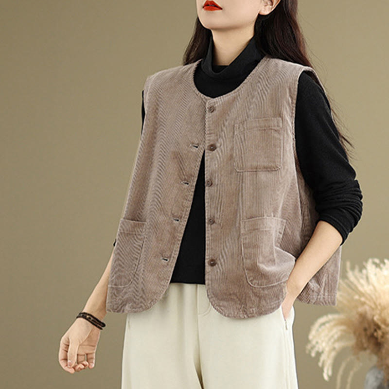 Chaleco de algodón sin mangas con botones de pana y bolsillos para mujer de Buddha Stones - image 1