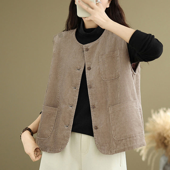 Chaleco de algodón sin mangas con botones de pana y bolsillos para mujer de Buddha Stones - image 5