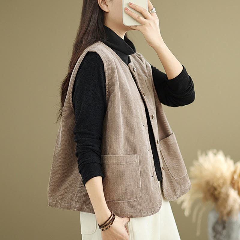 Chaleco de algodón sin mangas con botones de pana y bolsillos para mujer de Buddha Stones - image 4