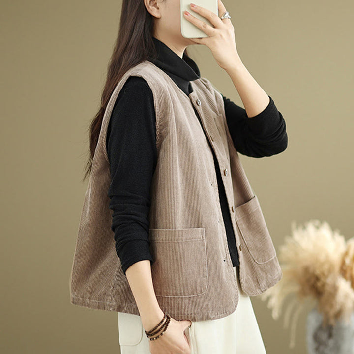 Chaleco de algodón sin mangas con botones de pana y bolsillos para mujer de Buddha Stones - image 4